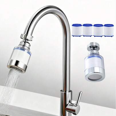 Bộ lọc nước gắn vòi + 4 bộ lọc thay thế, máy lọc nước gắn vòi xoay 360° đa năng cho phòng tắm và nhà bếp, loại bỏ clo, florua, kim loại nặng, nước cứng, thích hợp cho phòng tắm và nhà bếp gia đình.