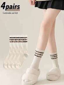 4双装女士条纹时尚中筒袜，休闲百搭 - 彩色 - 查看 1