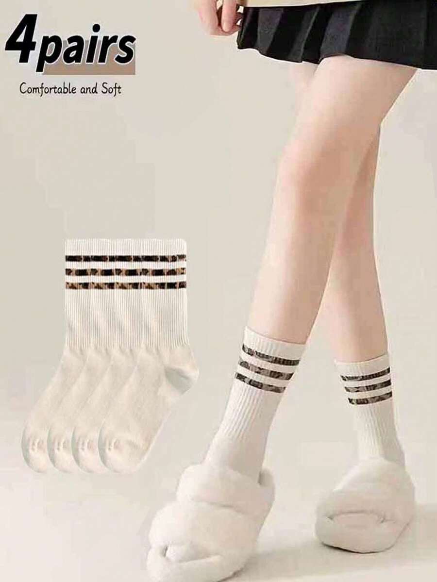 4双装女士条纹时尚中筒袜，休闲百搭 - 彩色 - 查看 1