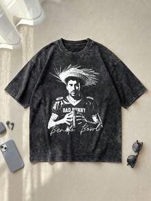 Bad Acid Bunny Benito Bowl Graphic Tee Acid Washed Shirt Unisex Couple Matching Boyfriend Style Football Jersey Portrait Straw Hat Print Reggaeton Music Merch Distressed Cotton Summer Outfits Graphic Tees Men Oversized T Shirt Camisetas Para Hombre - 黑色 - 查看 9