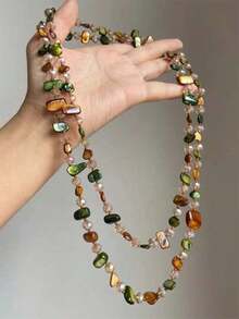 1pc Bohemian Asymmetrical Stone Beaded Long Necklace, Suitable For Women's Daily, Festival, Party, Beach Vacation Wear - Multicolor - View 2