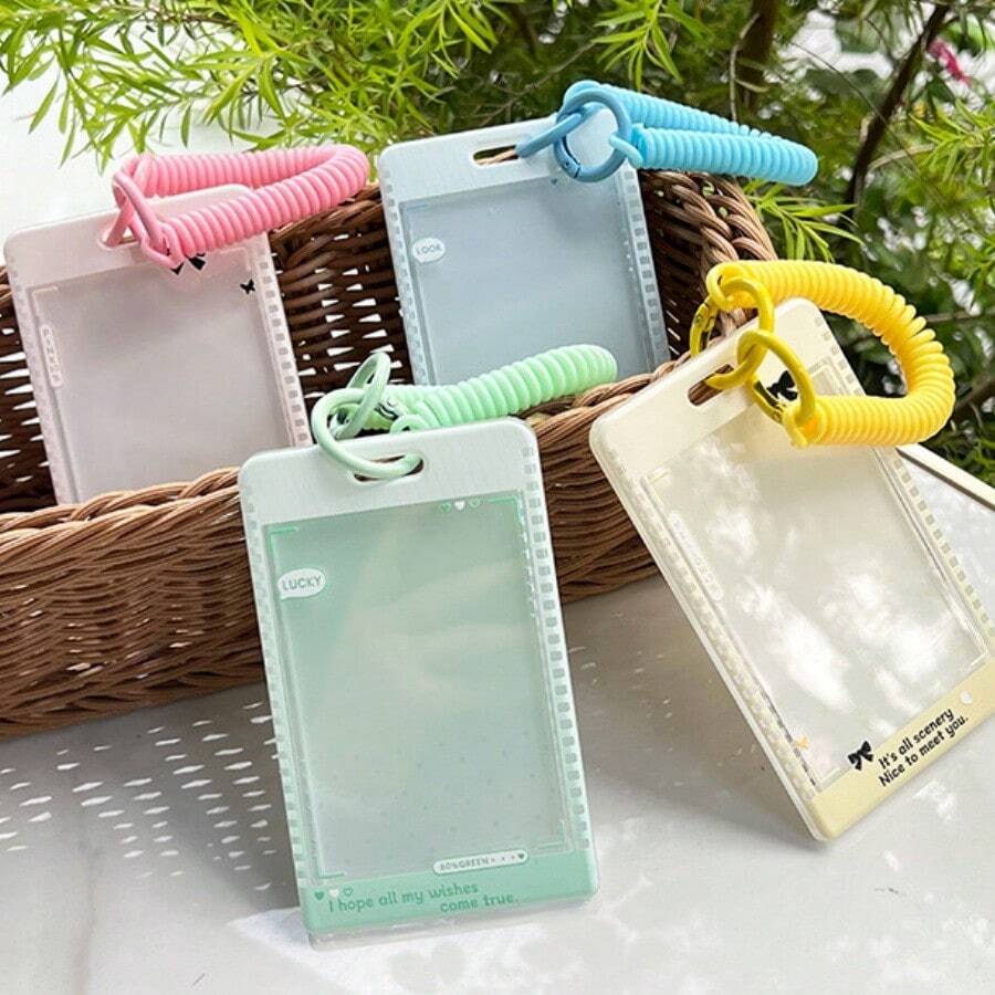 透明极简蝴蝶结滑盖卡套，学生挂绳证件套，校园小卡套，即时照片套，门禁卡保护套 - 多色 - 查看 1