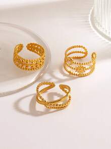 3pcs/Set Stainless Steel 18K Gold Plated Geometric Line Design Ring Set, Suitable For Women's Daily Wear - Gold - View 4
