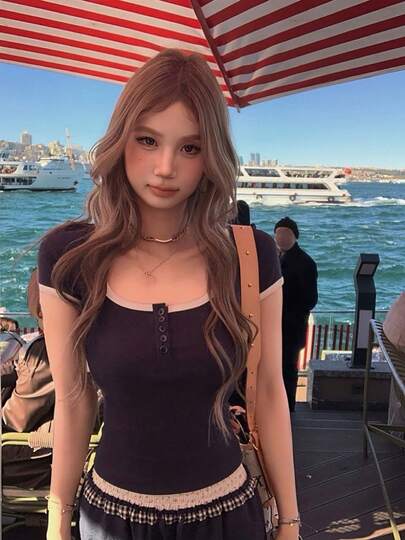 复古撞色方领短袖T恤，修身性感夏季女款上衣