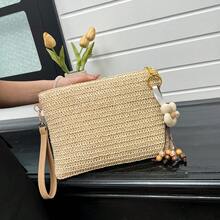 1个女士草编手拿包，3D立体花卉装饰，法式度假风，多功能夏季旅行及工作斜挎包（由于拍摄时的光线和角度，实际产品颜色可能与图片略有不同） - 米色 - 查看 8