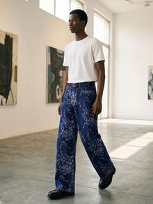 Quần jeans ống đứng dáng rộng, chất liệu jacquard họa tiết hoa ONE.DINY, kiểu dáng đường phố, thoải mái, quần dài unisex. - Màu xanh lam - Xem 4