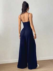 Unity Mono recto suelto y plisado informal para mujer, con tirantes ajustables, apto para primavera/verano - Azul marino - Ver 2