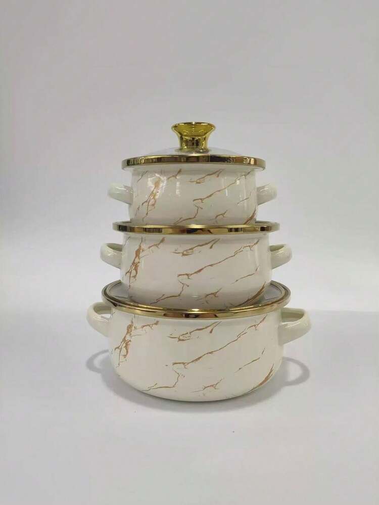 3pcs Enamel Coated Pots With Gold Rim, 12cm-14cm-16cm Double Ear Pots, Enamel Bowls For Home Use, Mini Pots, Enamel Soup Pots, Ramen Bowls, Small Hot Pot, Thick Enamel Coated Pots, Mini Saucepan, Double Ear Pots Suitable For Induction Cooktop And Gas Stove, Suitable For Cooking Small Amounts Of Food, Preserving - View 9