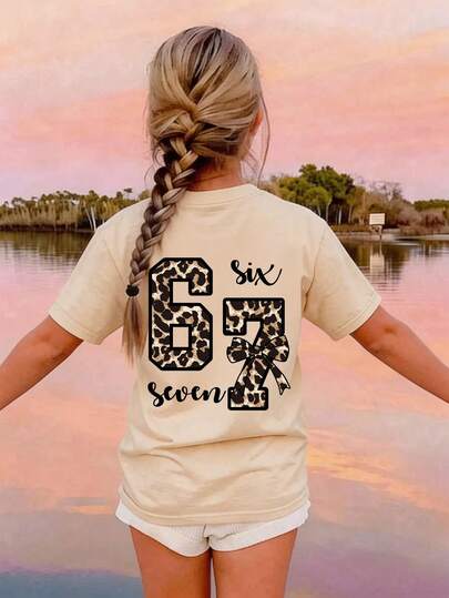 Tween Girls' Casual Vacation Fashion Street Chic Daily Commute Leopard Print & Number Letter Graphic Short Sleeve T-Shirt, Summer