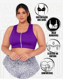 WOLFOC Women's Plus Size Cropped Fitness Top With Zipper And Removable Pads In Suplex Polyester - Purple - View 3