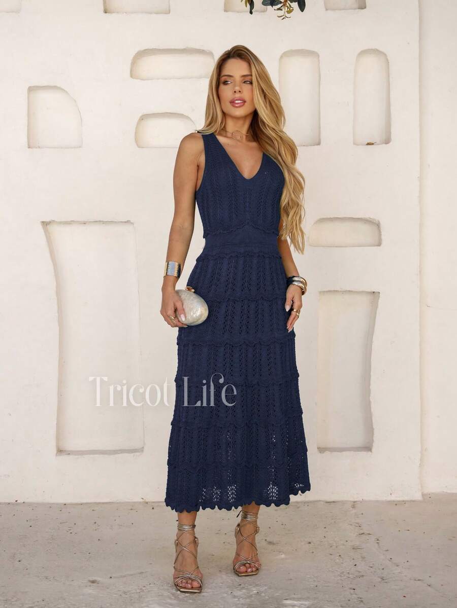 Women's Midi Dress, Knit, Summer, Crochet, Ruffles, Party, Beach, Elegant, Christmas, New Year's Eve, Premium - 藏蓝色 - 查看 1