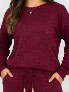 Women's Casual Long Sleeve Pants Set With Drawstring - Comfortable Winter/Autumn Fashion Blogger Style - Red - View 2