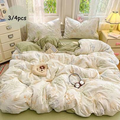 Bộ chăn ga gối 3/4 món, Ga trải giường họa tiết lá dây leo rừng tươi mát, Ga trải giường họa tiết cây cỏ đồng quê Pháp màu xanh lá cây nhạt, Bộ chăn ga gối họa tiết cây cỏ cổ điển, Phù hợp cho giường đôi/đơn, Sử dụng được quanh năm, Mềm mại và thân thiện với da, Khóa kéo, Bao gồm 1 ga trải giường (không kèm ruột chăn), 1 ga phủ giường, 1/2 vỏ gối (không kèm ruột gối)