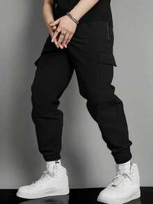 1 pieza Pantalones deportivos casuales sueltos de unicolor para hombres, versátiles para correr, actividades al aire libre, senderismo, trotar, fitness, adecuados para playa de verano y uso diario, pantalones capri con cordón de moda en color negro - Negro - Ver 1