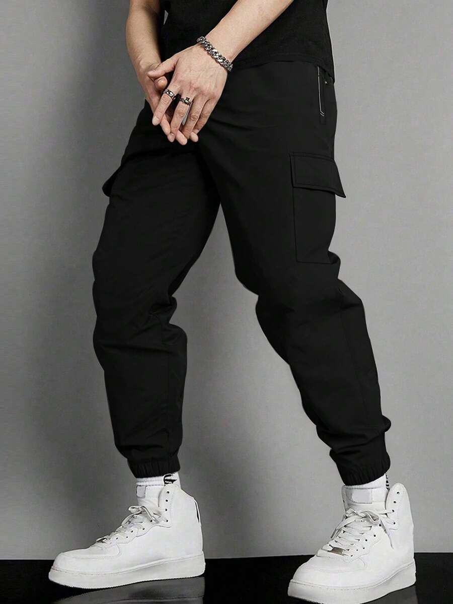 1 pieza Pantalones deportivos casuales sueltos de unicolor para hombres, versátiles para correr, actividades al aire libre, senderismo, trotar, fitness, adecuados para playa de verano y uso diario, pantalones capri con cordón de moda en color negro - Negro - Ver 1