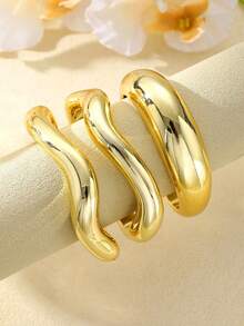 3 pièces Ensemble de bracelets-joncs métalliques épais minimalistes géométriques, bracelets à la mode pour femmes, design de base américain et européen, bijoux pour le port quotidien et les fêtes - Ensemble de bracelets irréguliers - Voir 4