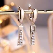 Vanel 1Pair Fashion Golden Minimalist Rectangle CZ Earrings, Sparkling Dainty Vertical Bar Dangle Earrings, Fashion Jewelry For Women For Daily Wear & Party - Golden Yellow-white - View 3