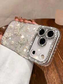 Ốp lưng điện thoại đính đá lấp lánh sang trọng, hình bướm ngọc trai 3D dễ thương, tương thích với iPhone 17 Pro Max, 17 Pro, 17 Air, 17, 16, 15, 14, 13, 12 Pro Max, 11, chống sốc. - trắng - Xem 3