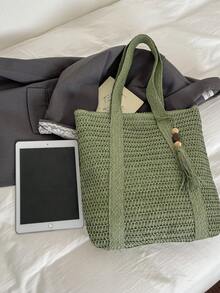 Minimalist Solid Color Large Capacity Commuter Straw Bag, Artistic Wide Braid Handbag, Vacation Style Shoulder Bag - Green - View 10