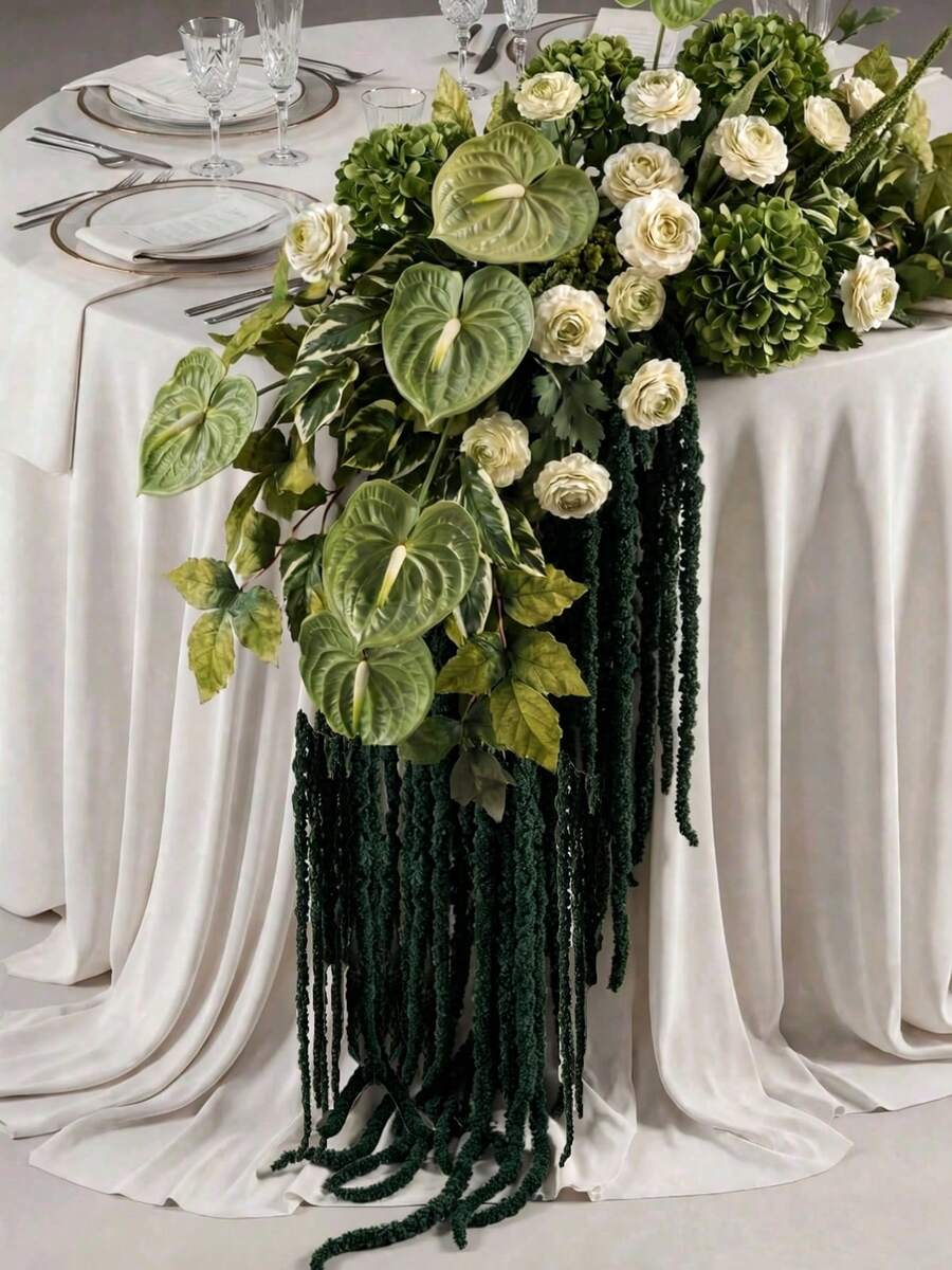 MEHELANY 3/1 pièce Fleur d'amarante artificielle verte pendante, tige longue d'amarante blanche simulée pendante. Convient pour la décoration de la maison, mariage, fête, mur de fleurs, arche, décoration de vacances, cérémonie, hôtel, jardin, décoration de table d'automne - Vert foncé - Voir 1