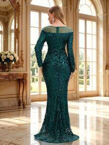 Romagic Long Sleeve Floral Sequin Patchwork Mesh Evening Maxi Dress Elegant Party Event Gown For Women - Dark Green - View 5