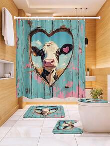 1/3/4件套可爱奶牛爱心印花木质浴室帘套装,复古农舍风格浴帘,防水耐用,现代家居浴室装饰,72英寸*72英寸浴帘配12个挂钩,包含马桶盖套、浴垫和地毯,涤纶面料,可水洗,适用于家庭浴室/农舍/酒店/房车,乡村风格浴室装饰,四季皆宜,乔迁/母亲节礼物 - 乳牛 - 查看 7