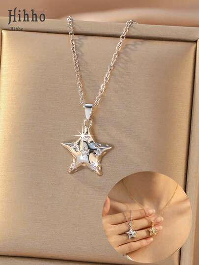 Hihho 1pc 3D Star Zirconia Necklace, Gold/Silver Color Options, Solid 3D Star Design, Suitable For Sweet, Spicy And Commuter Styles