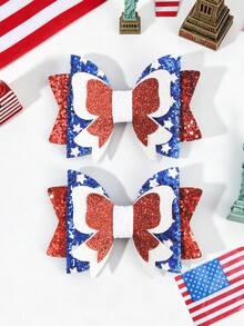2pcs 4th Of July Girls Hair Bow Patriotic Star Bow Barrettes, USA Flag Sparkly Hair Clips For Independence Day , Exquisite Sequin Glitter Bow Hairpin Girls Hair Accessories. - Multicolor - View 2