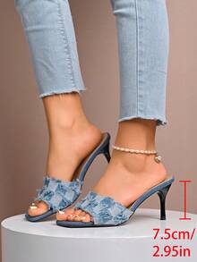 Square Toe Stiletto Denim High Heel Sandals, Sexy Open Toe Women's High Heel Sandals - Baby Blue - View 7