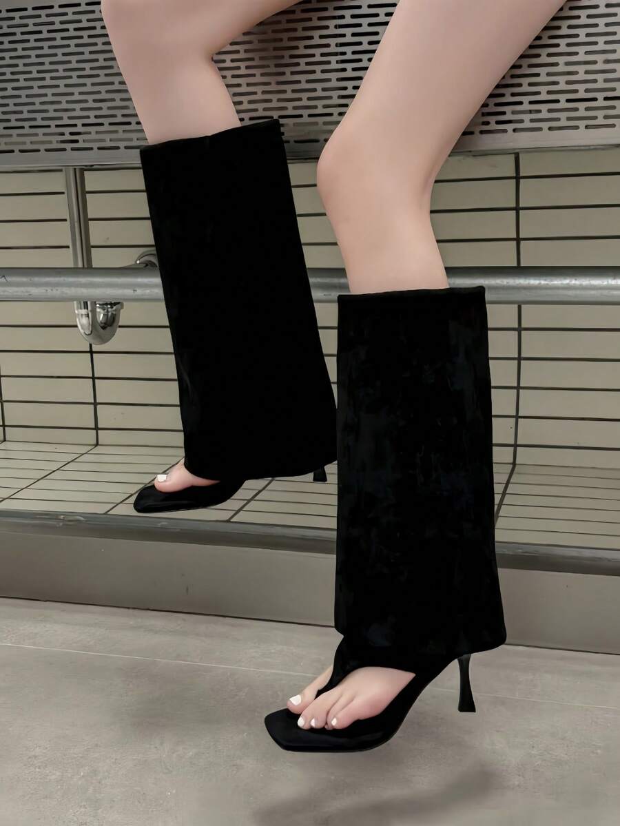 Giày bốt cao đến đùi kiểu retro gót nhọn xếp ly mới năm 2025, mũi nhọn, cao quá đầu gối. - màu đen - Xem 1