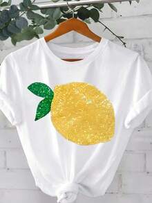 Women S Lemon Print Short Sleeve T-Shirt - Casual Round Neck Top, Shiny Lemon Design, Lightweight Polyester Blend, Perfect For Spring Summer Outings, Office, Party And Travel - 灰色 - 查看 1