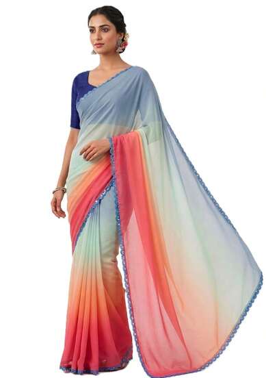 Estationeryhouse Alia Bhatt Inspired Saree, Georgette Shaded, Lace Border, With Raw Silk Blue Blouse Piece