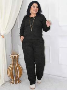 Plus Size Set: Long-Sleeved Blouse And High-Waisted Wide-Leg Pants With Pockets, In Premium Ribbed Knit - Elegant Women's Sweater, Wide-Leg Pants, Winter, Cold Weather, Everyday Comfortable, Sizes GG, G1, G2, Cotton, Black - 黑色 - 查看 1