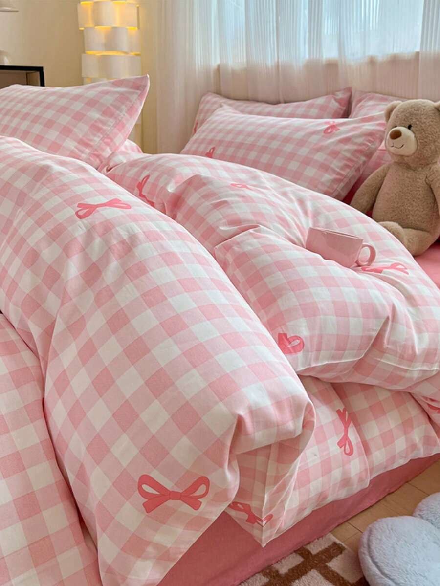 三件套被套，四季透气，超柔软抗起球亲肤面料，柔软抗起球，家用纺织品，房间装饰，包含1个被套和2个枕套（不含被芯），时尚卧室家居装饰，适用于单人床/双人床/大号床/特大号床，可机洗，多种颜色可选，浪漫情人节礼物，可爱蝴蝶结图案被套 - 彩色 - 查看 1