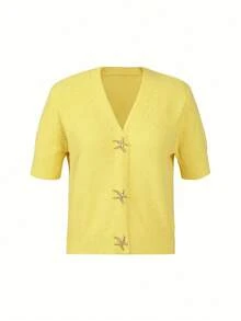 Women's Bright Color V-Neck Knit Cardigan, Short Sleeve Sweater With Starfish Button, Quality Fabric, Mother's Day Summer - Yellow - View 3