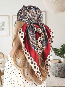 1pc Women Bandana Lightweight Paisley Pattern Square Scarf, Summer Beach Holiday Shawl, Gift For Her For Dress - Claret - 查看 3