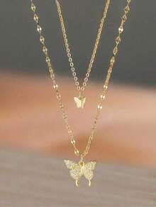 1pcs Double-Layered Gold-Tone Butterfly Necklace With Rhinestones, Alloy Material, Perfect Gift For Girlfriend - Gold - View 5