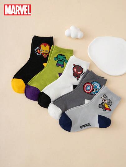  5 pares de calcetines de la serie Marvel, con patrones de dibujos animados de Spider-Man, Thor, Hulk, Iron Man. Calcetines de media caña interesantes para niños/jóvenes, calcetines deportivos, para todas las estaciones, tallas europeas y americanas, cómodos, transpirables, duraderos, de colores vivos, aptos para uso diario, de tela premium, sin asfixia.