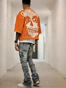 Y2K Style, Directional Printing, Cotton T-Shirt - Soft, Breathable, 100% Pure Cotton Fabric - Comfortable And Energetic Summer Street Style Short-Sleeved T-Shirt, Cool Design, Retro Summer Men's Daily Wear T-Shirt - 橘色 - 查看 12