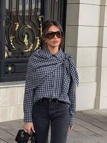 Women Fashion Casual Plaid Lace Up Shirts Vintage Loose Long Sleeve Lapel Blouse Spring - Multicolor - View 2