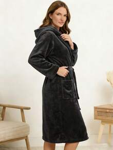 1pc Elegant Luxury Flannel Long Robe With Hood, Versatile For Spring, Autumn, Winter, Comfortable Casual Loungewear For Women - Black - View 7