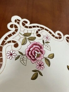 1pc Handmade Floral Embroidered Hollow-Out Tablecloth, American Style Polyester Square Embroidered Handmade Hollow-Out Dust-Proof Tablecloth, Suitable For Dining Table, Coffee Table, Tea Table For Daily And Holiday Party Decoration - Hot Pink - View 5