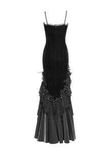Gothic Velvet Lace Mermaid Maxi Dress, Rose Tassel Cross Formal Gown - Black - View 4