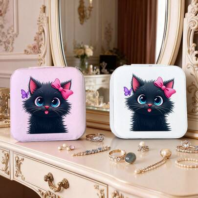 Hộp đựng trang sức hình mèo hoạt hình dễ thương, thích hợp cho phòng ngủ, bàn trang điểm, du lịch và làm quà tặng, giúp sắp xếp gọn gàng nhẫn, dây chuyền, bông tai, hoàn hảo làm quà tặng ngày lễ.