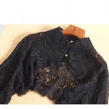 1 chiếc áo khoác ngắn tay dài thời trang nữ, chất liệu ren và viền lông mi, kiểu dáng lửng, hơi xuyên thấu với cổ áo có thể tháo rời, thích hợp cho đi biển, nghỉ lễ. - màu đen - Xem 2