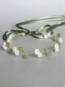 1pc Handmade Woven Floral & Leaf Minimalist Headband, Suitable For Bride, Daily Wear, Photography, Outdoor Occasions, Spring/Summer,Beach,Wedding - Green - View 1