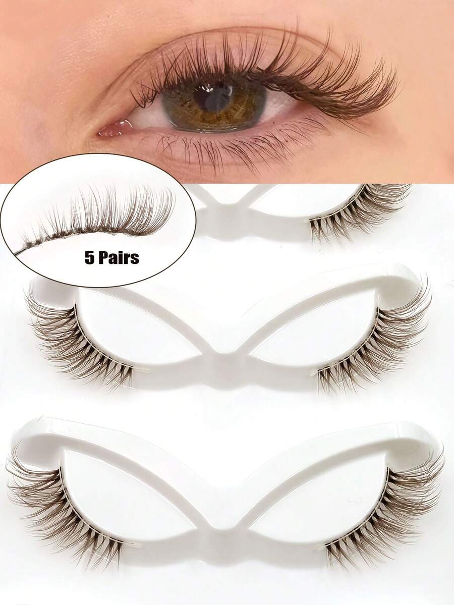 Asiteo 5 Pairs Brown Half-Strip Lashes, Natural Look Lashes, Transparent Striped False Eyelashes, Daily Natural Reusable Corner Lashes, Suitable For Beginners, Suitable For No-Makeup Look Or Natural Makeup - Half Eyelashes - View 1