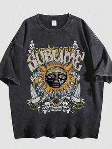 Unisex Sublime Band Sun Face Skull Print Graphic T-Shirt, Vintage Washed 100% Cotton Oversized Crew Neck Short Sleeve Tee, Retro 90s Rock Band Loo - 黑色 02 - 查看 1