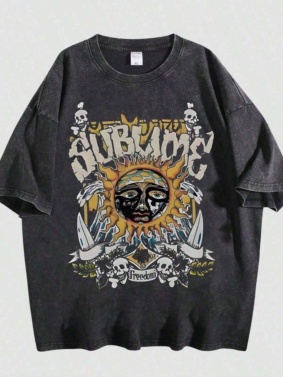 Unisex Sublime Band Sun Face Skull Print Graphic T-Shirt, Vintage Washed 100% Cotton Oversized Crew Neck Short Sleeve Tee, Retro 90s Rock Band Loo - 黑色 02 - 查看 1