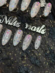 10pcs Handmade Fully Covered Almond Nails Press On Nails, White Nails, Holographic Star&Rhinestone&Glitter Cat Eye Decor, Detachable And Reusabl, Y2K Dreamy Sparkle Style False Nails For Party & Daily Wear, With Jelly Glue And Nail File - White - View 6